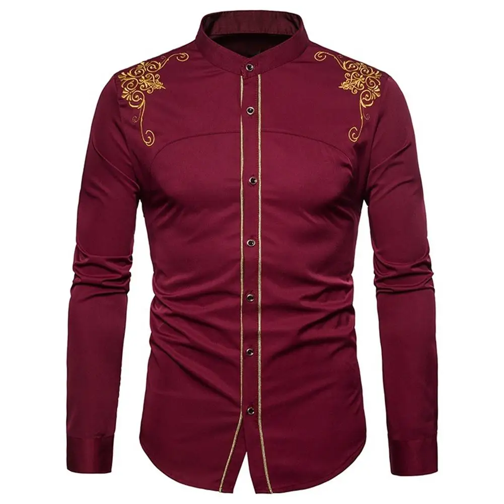 

Luxury Shirt Men Fashion New Embroidery Flower Button Stand Collar Long Sleeve Social Mens Shirts Blouse Top Spring Autumn