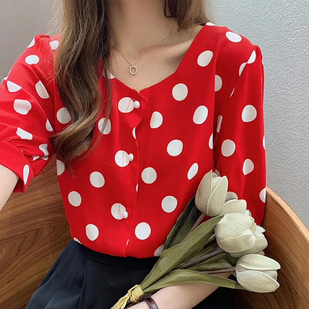 Женская шифоновая блузка в горошек Повседневная Блузка с коротким рукавом и