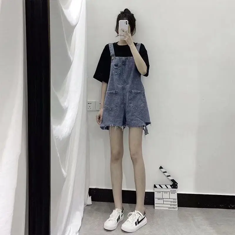 

Women's Korean student style denim Jumpsuit Pocket Street commuting Hong Kong style back belt pants oversize loose overalls