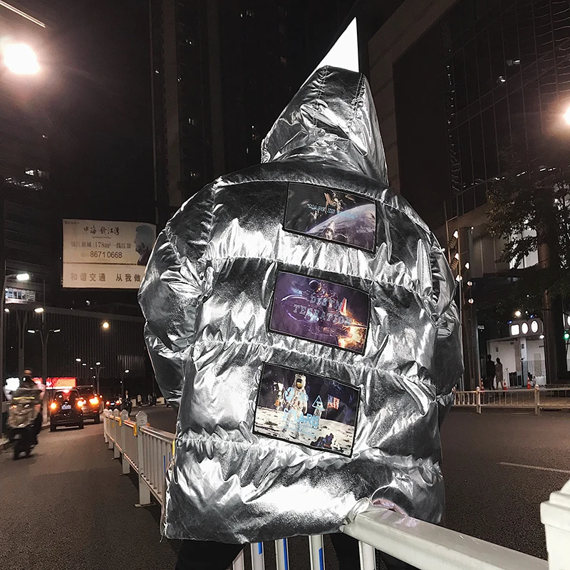 Яркая Цветная куртка с рисунком Мужская Серебристая зимняя парка капюшоном