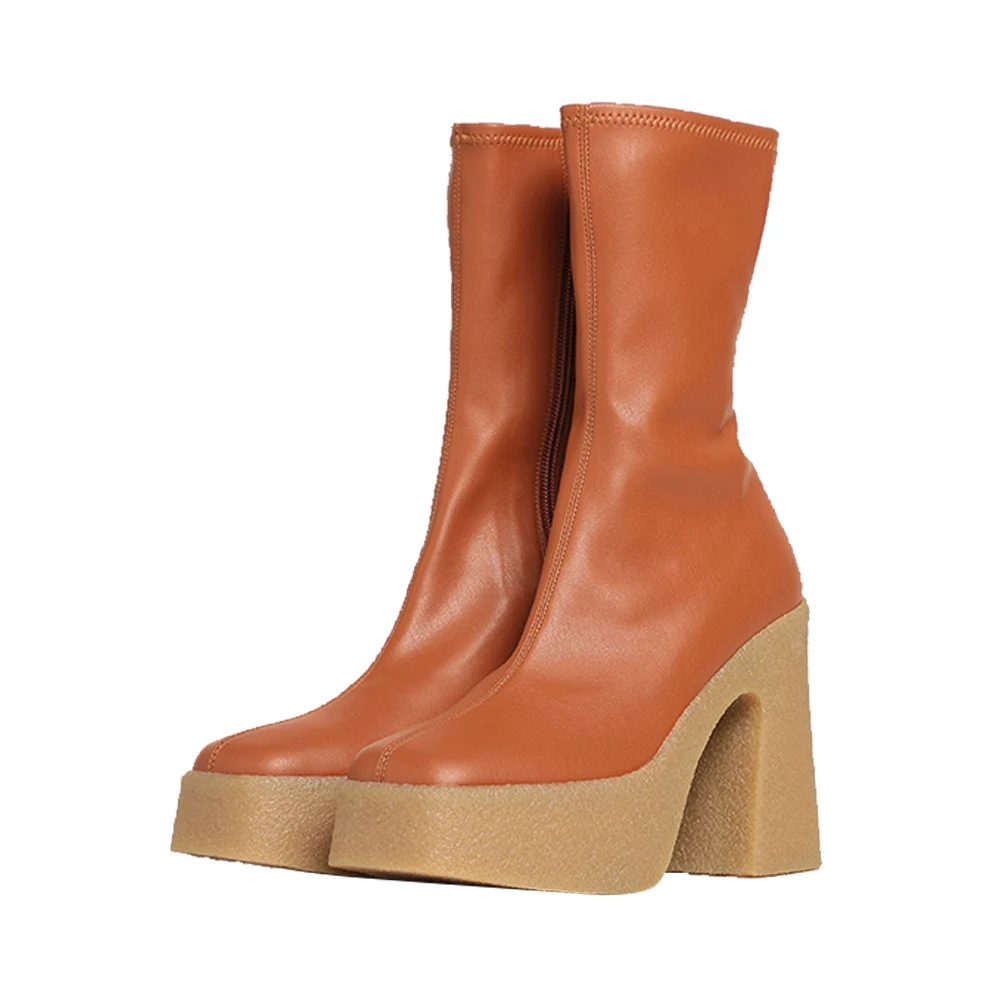 MUMANI Woman‘s Stretch ANKLE Boots Platform Super High Heel 9CM Leather Orange Square Toe Lady Shoes Square Heel Modern Boots