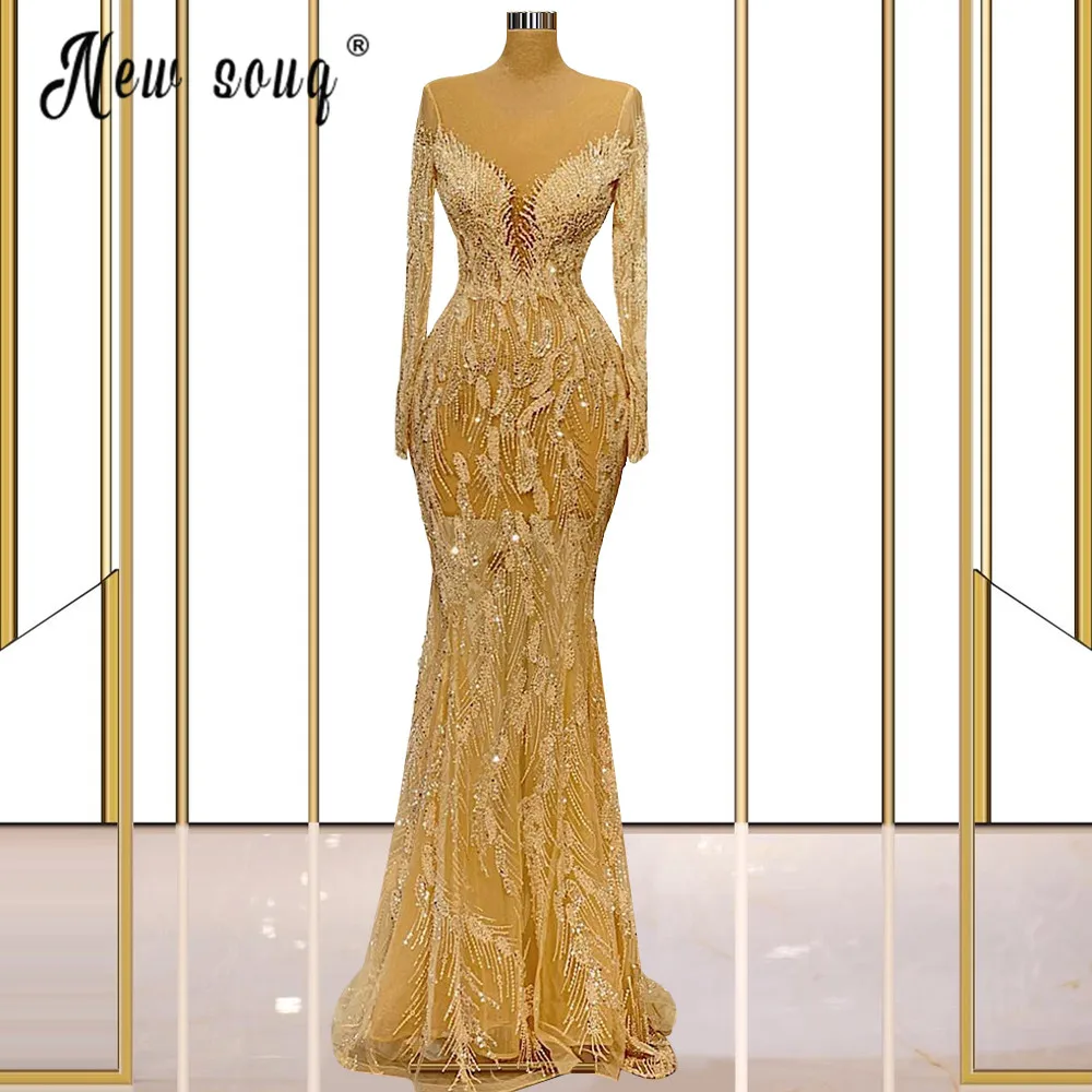 

Luxury Beading Mermaid Dubai Evening Dresses Sparkling Gold Crystals Occasion Dinner Party Dress African Formal Gowns Custom