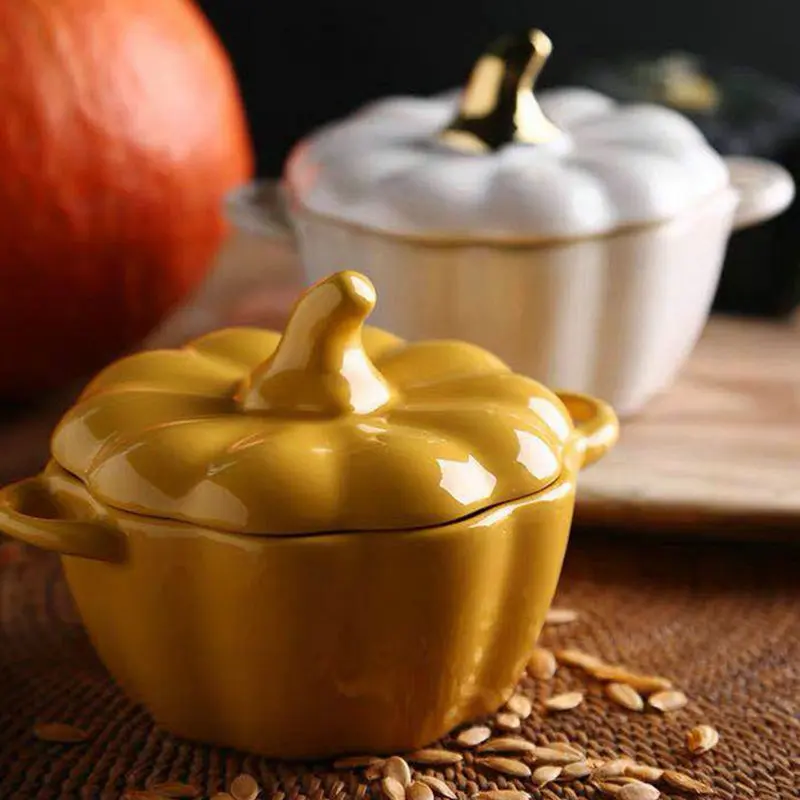 

Cute Cutlery Pumpkin Ceramic Bowl With Cover For Home Creative Western Food Dessert Fruit Bowl