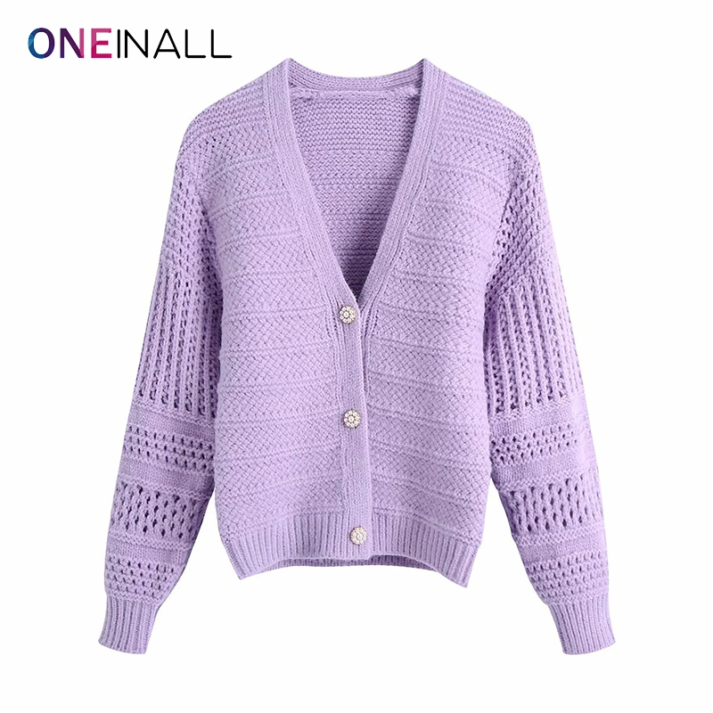 

Женский трикотажный кардиган ONEINALL, однотонный Повседневный Свободный кардиган составного кроя с V-образным вырезом и длинными рукавами, ос...