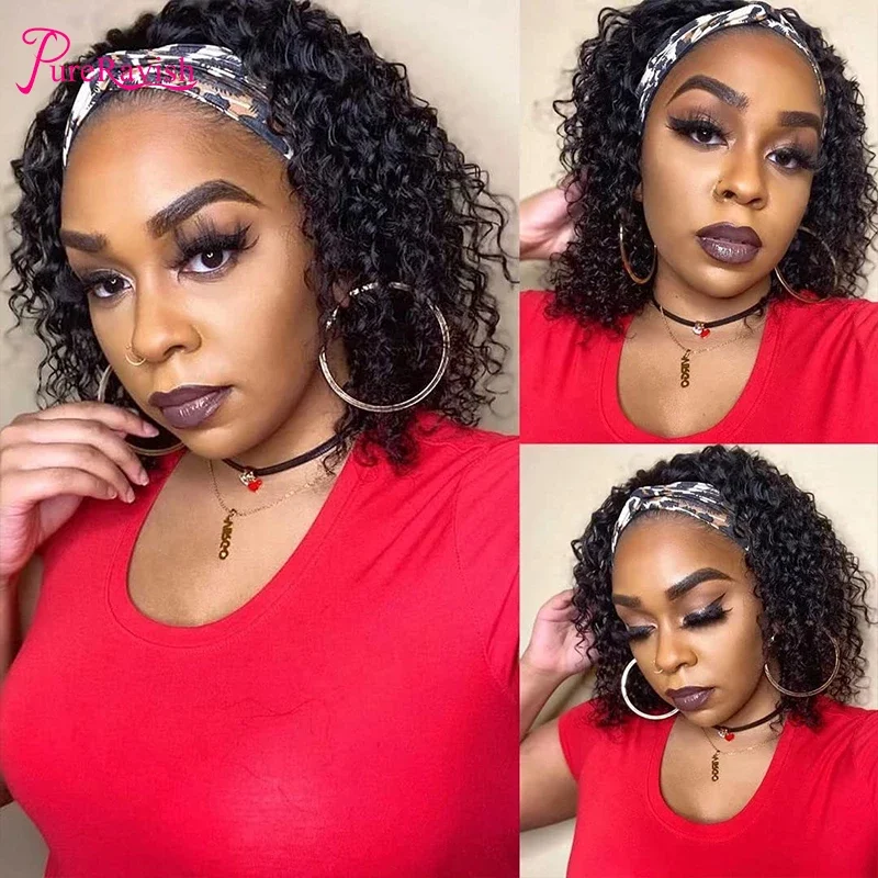 

8Inch Headband Wigs For Black Women, Curly Headband Wig Kinky Curly Brazilian Hair Wigs With Headbands Natural Black Color