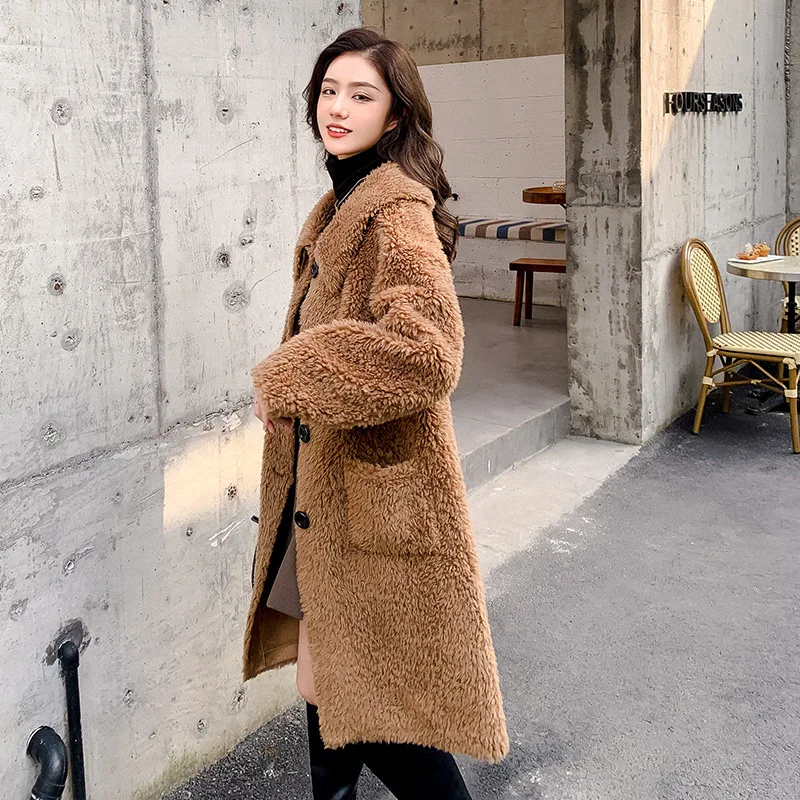 

Fashion Solid Color Sheep Shearing Long Coat Jacket Women Female Wool Fur Loose Sigle Breasted Overcoat Warm Outwear For Winter