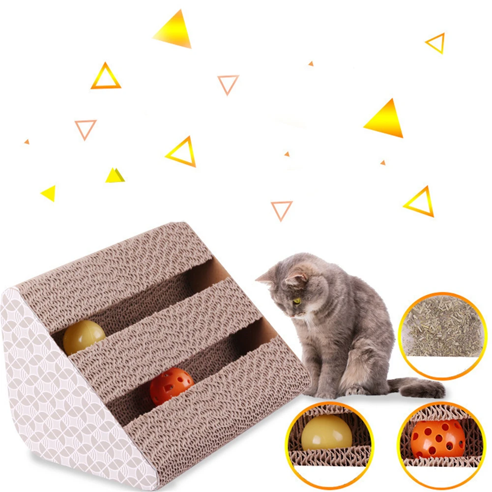 

Teaser Cats Scratch Toy Triangular Corrugated Paper Cat Scratching Board With Bell Ball Kitten Interactive Grinding Claw Toys
