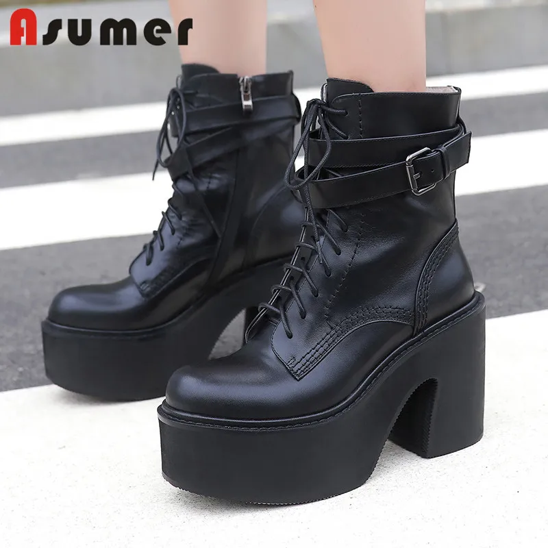 Женские ботильоны из натуральной кожи с круглым носком на платформе|Женские