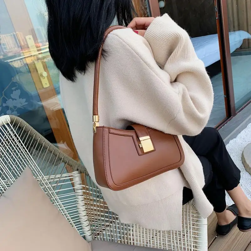 

Solid Color Pu Leather Shoulder Bags for Women 2021 Lock Handbags Small Travel Hand Bag Lady Fashion Bags