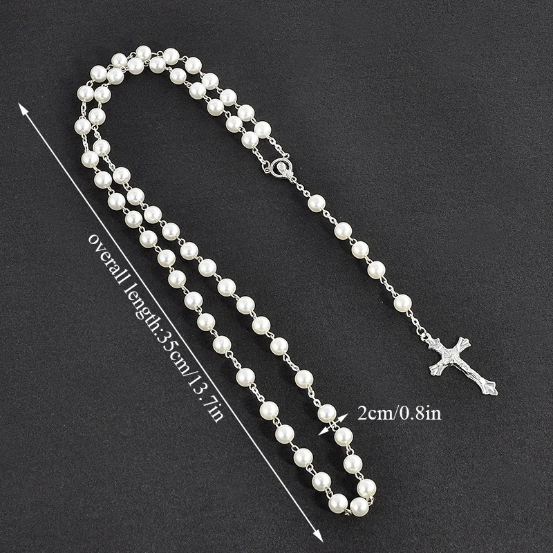 

New Popular Long Christian Necklace Polychromatic Unisex Accessories Rosary Necklace Jewelry Imitation Pearl Cross Necklace