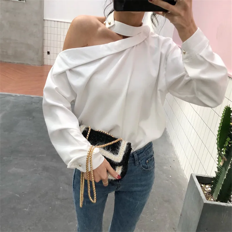 Осень новое поступление Skew Collor Сексуальная Блузка с открытыми плечами Mujer Узкие повседневные рубашки летняя мода Blusas женские топы