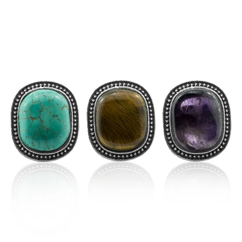 

FYSL Wholesale 10 Pcs Silver Plated Square Shape Tiger Eye Stone Resizable Finger Ring Amethysts Crystal Jewelry