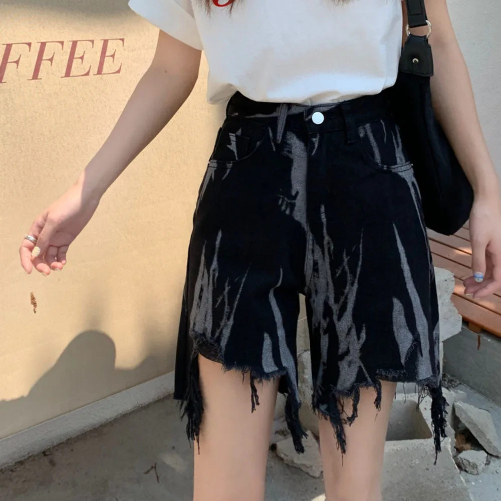 

Streetwear Denim Shorts Women's Ripped Tassel-Edge Pants Summer 2021 New Loose Wide-Leg Pants Jeans