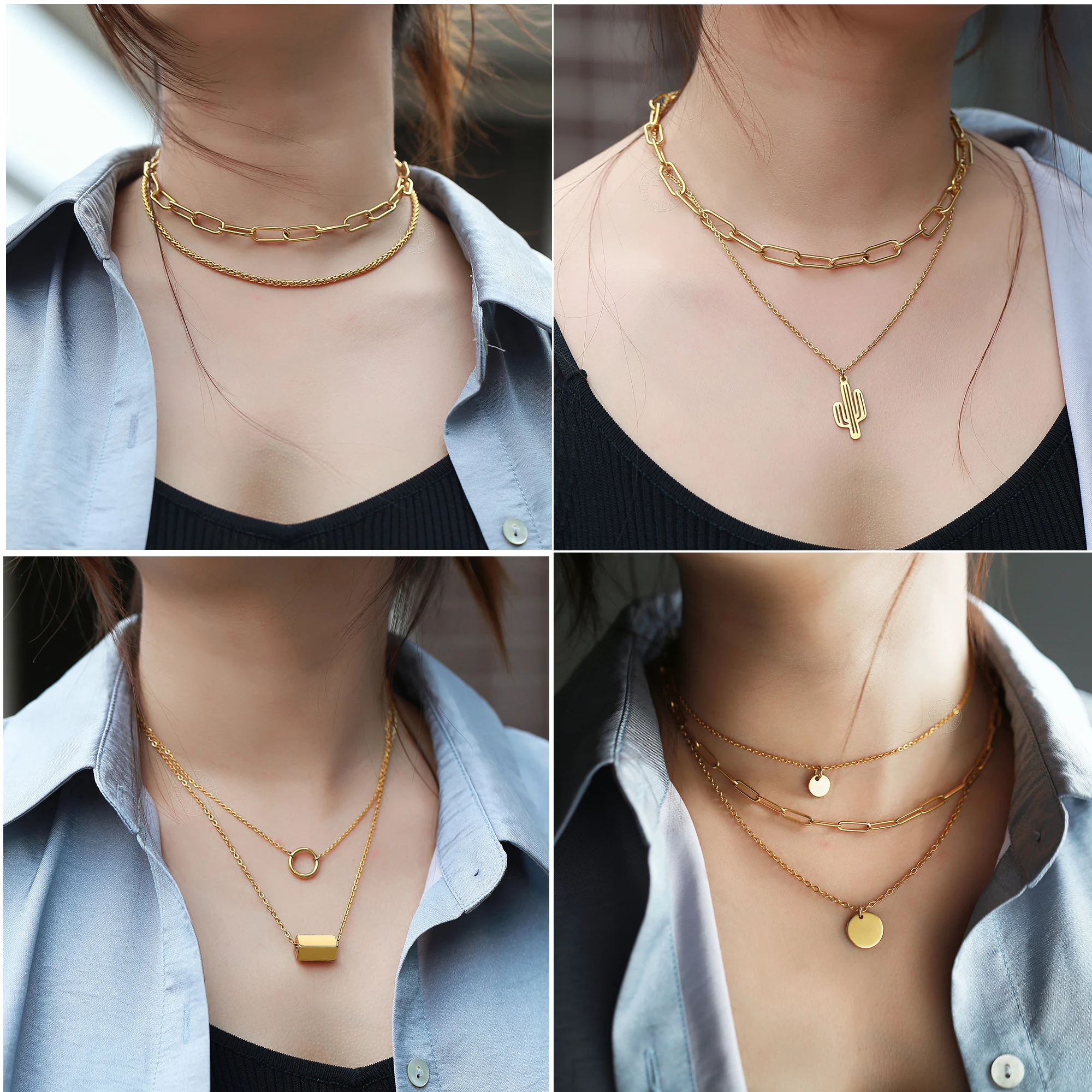 

Золотистое многослойное ожерелье из нержавеющей стали для женщин, колье-чокер Rolo Box Paperclip пшеничная цепочка, 2021 ювелирные изделия LDN201A