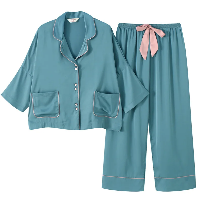 

Spring Summer Pajamas Set Women 2PCS Sleepwear Satin Silky Shirt&Pants Loose Sleep Set Female Casual Pyjamas Suit Home Clothes