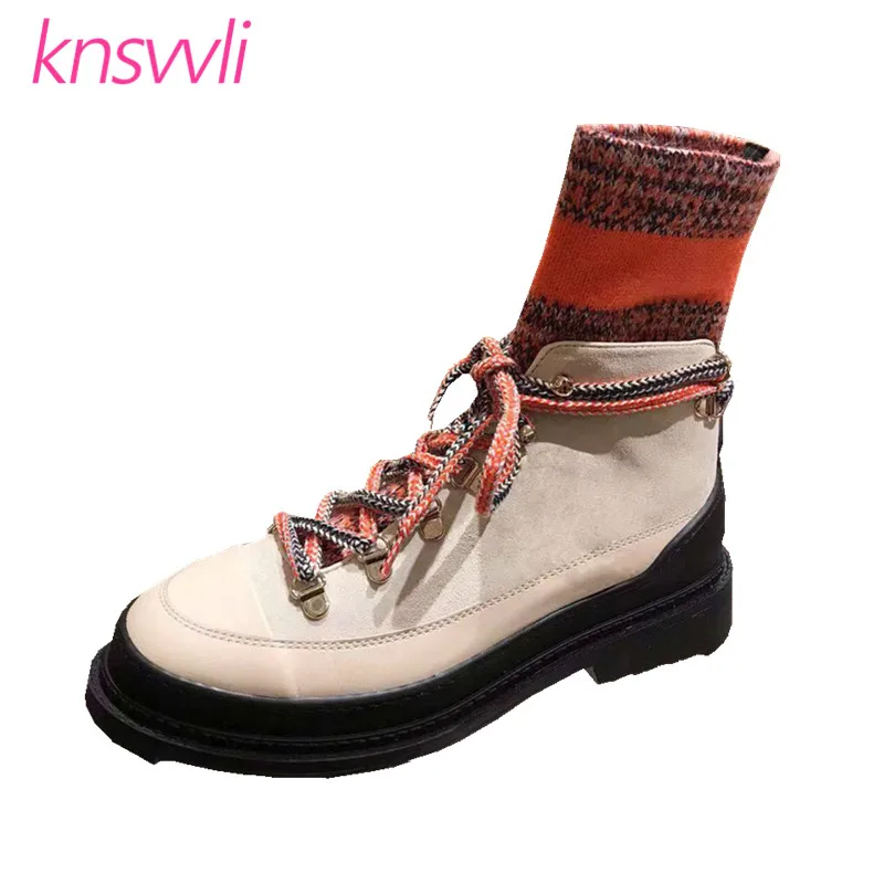 Новинка вязаные шерстяные полусапожки женские замшевые сапоги на толстой подошве растягивающиеся с