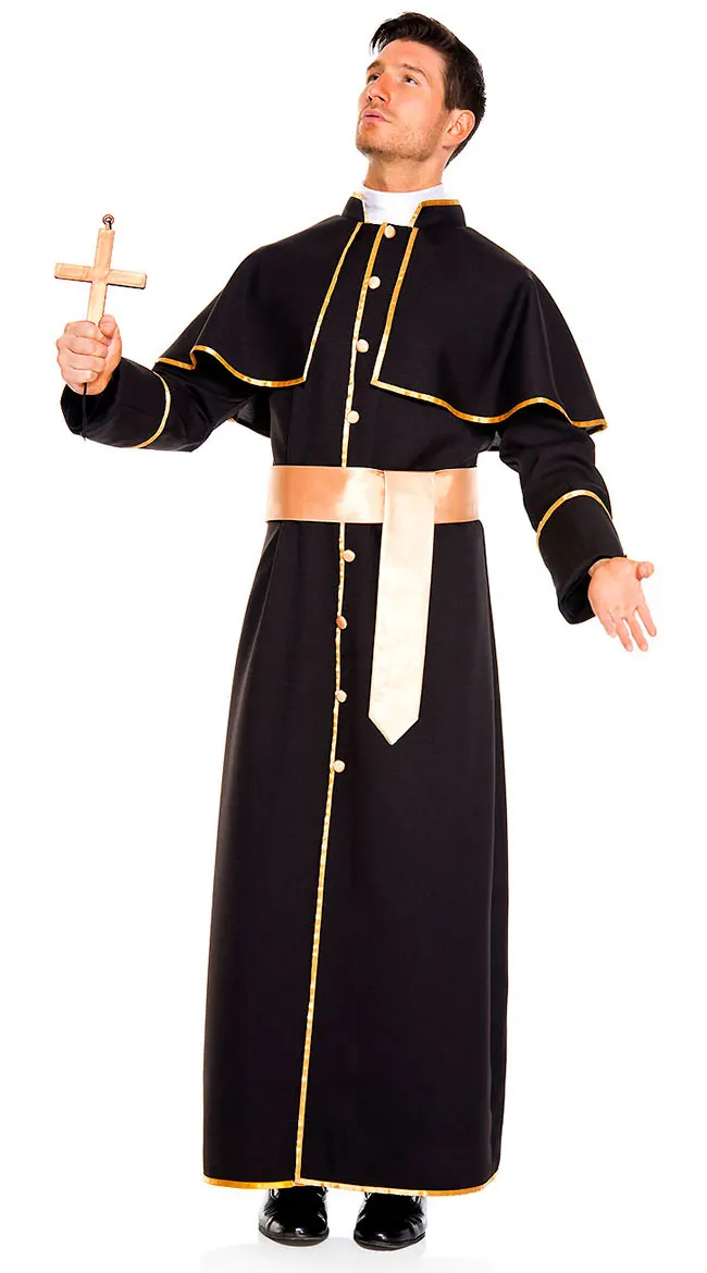 

Black Classic Priest Costume Purim Halloween Adults Man Pope Robe Godfather Missionary Masquerade Party Cosplay Clothing