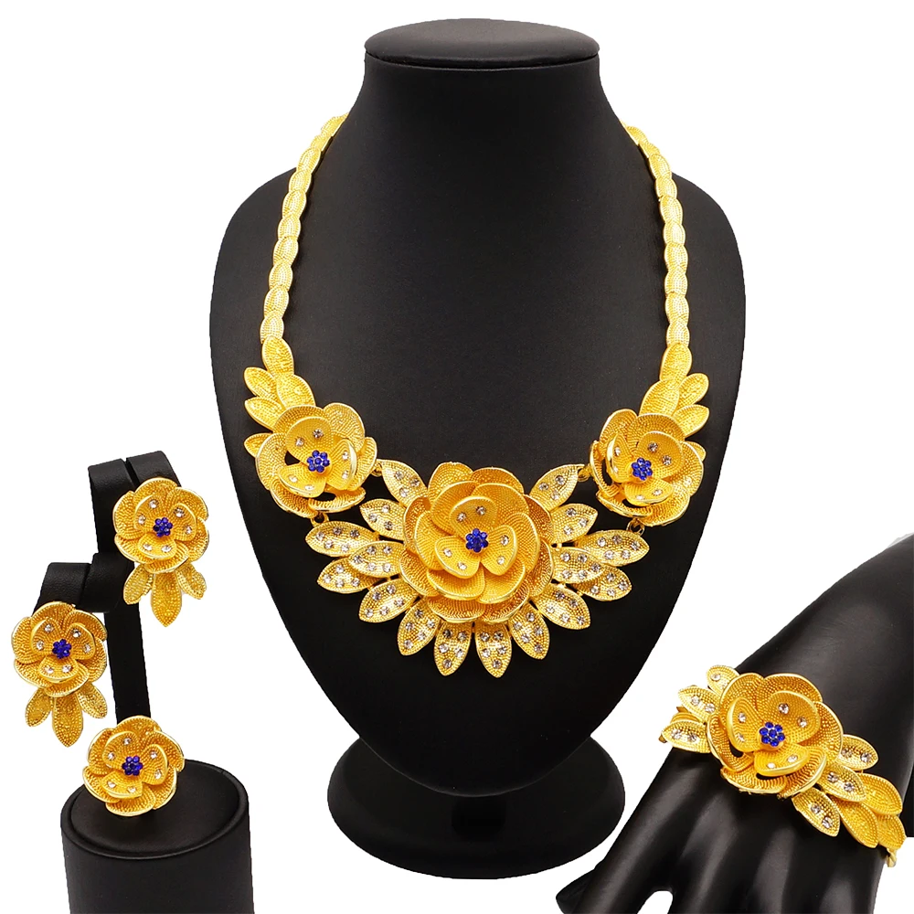 Модный Ювелирный Набор золотыми цветами Свадебный комплект ювелирных изделий