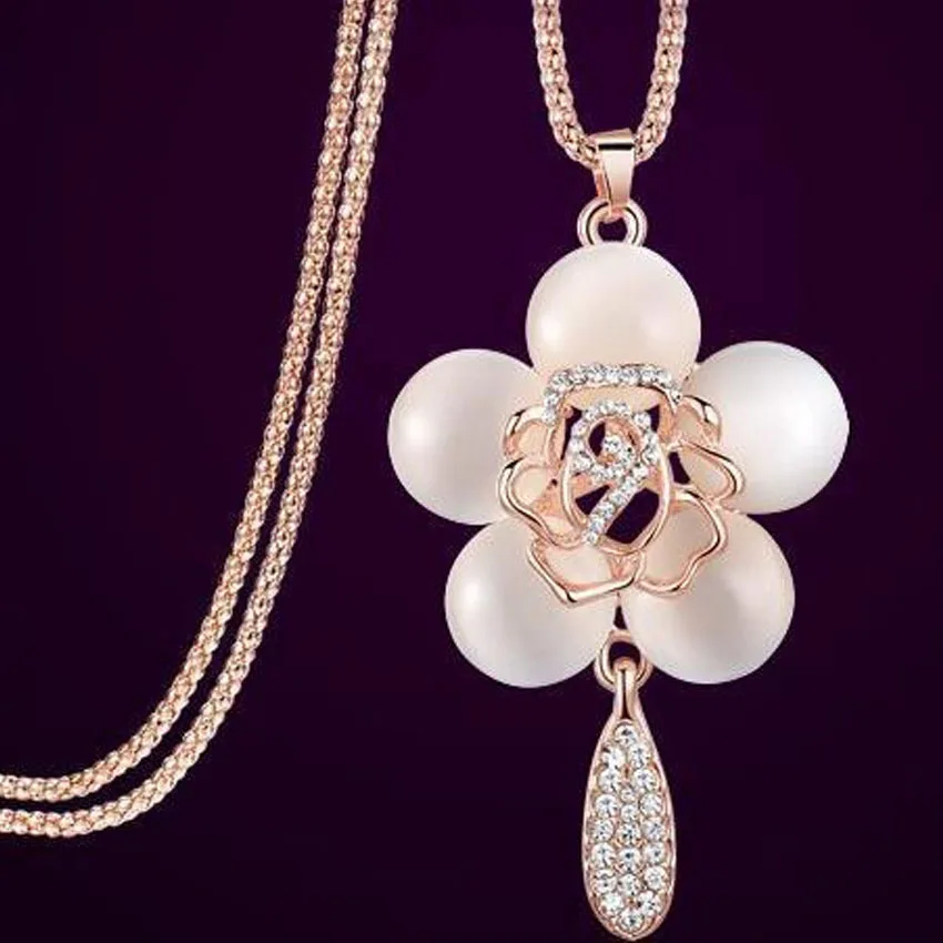 

High quality jewelry rose cat's eye sweater chain high grade fashion long necklace pendant popular autumn and winter jewelry
