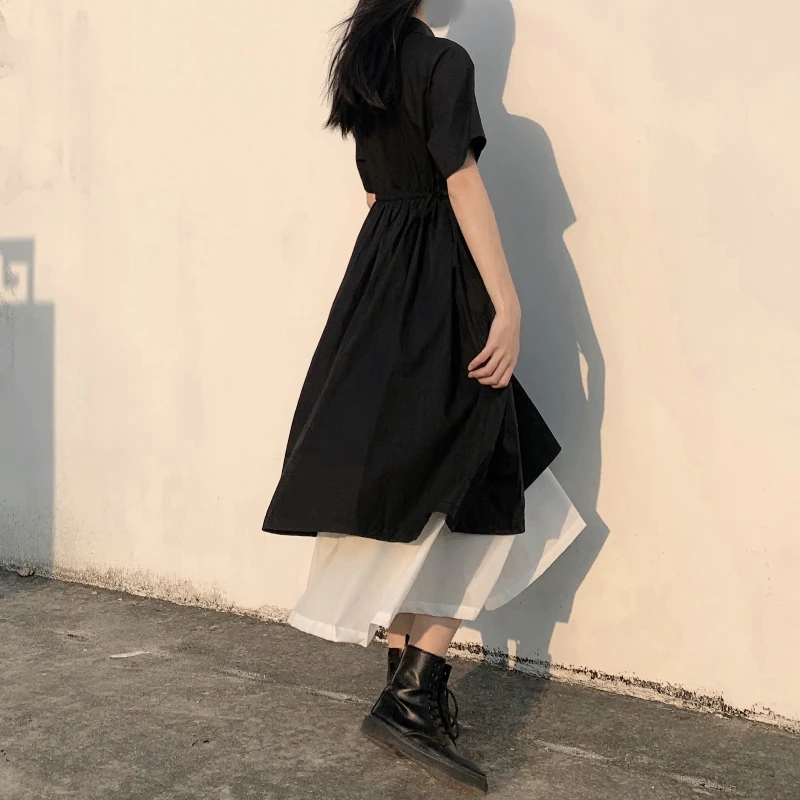 

Short Sleeve Dress Women Summer Patchwork Fake-two Pieces Turn-down Collar Harajuku Buttons Elegant Slender Stylish Lace-up Chic