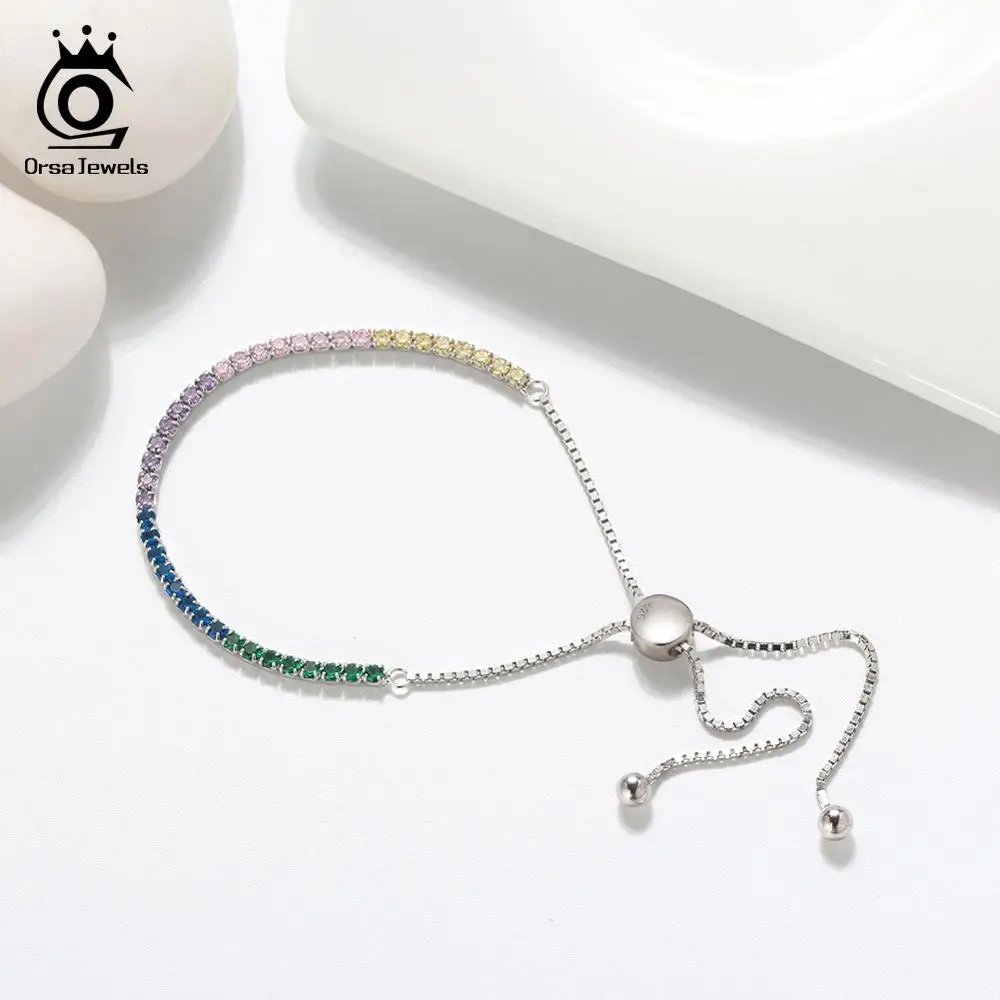 ORSA JEWELS из чистого 925 пробы серебра для девушек, регулируемые браслеты с цветной, с кубическим цирконом, серебряная цепочка для свиданий, ювелирные изделия SB42