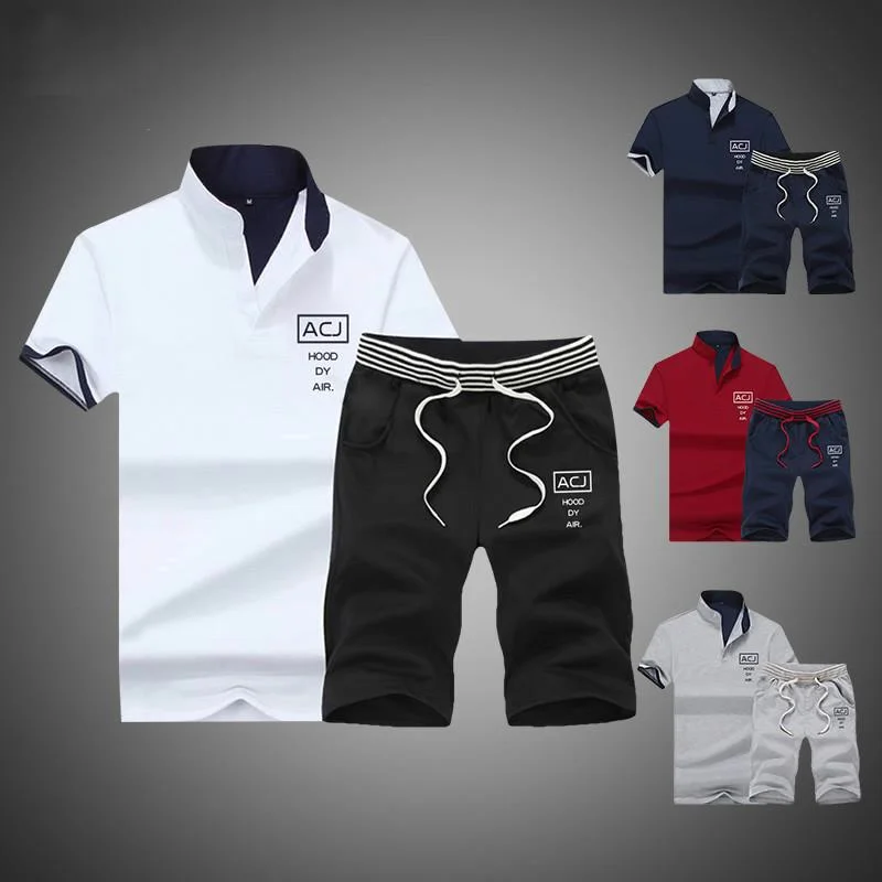 

2021 Brand Fitness Suits Summer 2PC Top Short Set Mens Stand Collar Fashion 2 Pieces T-shirt Shorts Tracksuit Sportsuits Set Men