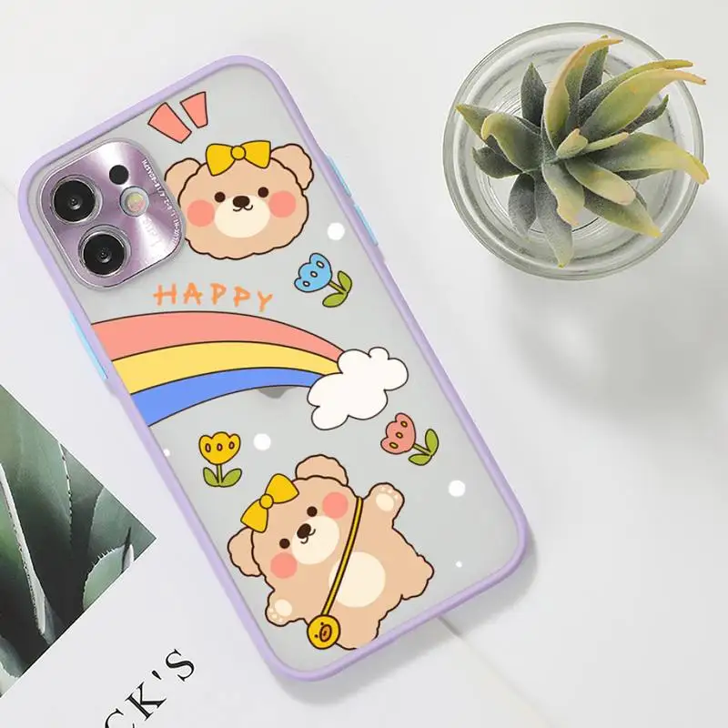 

Cute bear rabbit flower Phone Case For iPhone 12 11 Mini Pro XR XS Max 7 8 Plus X Matte transparent Purple Back Cover