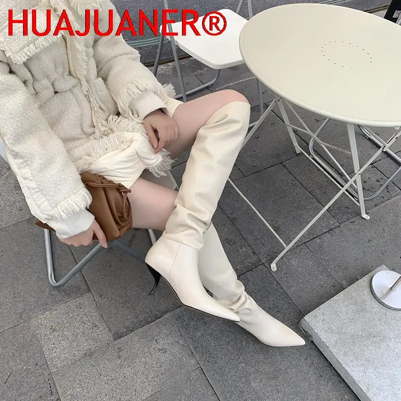 

HUAJUANER Size 33-43 Genuine Leather Women Boots Stiletto Heels Pointed Toe Ladies Shoes Winter Solid Color Knee High Boots