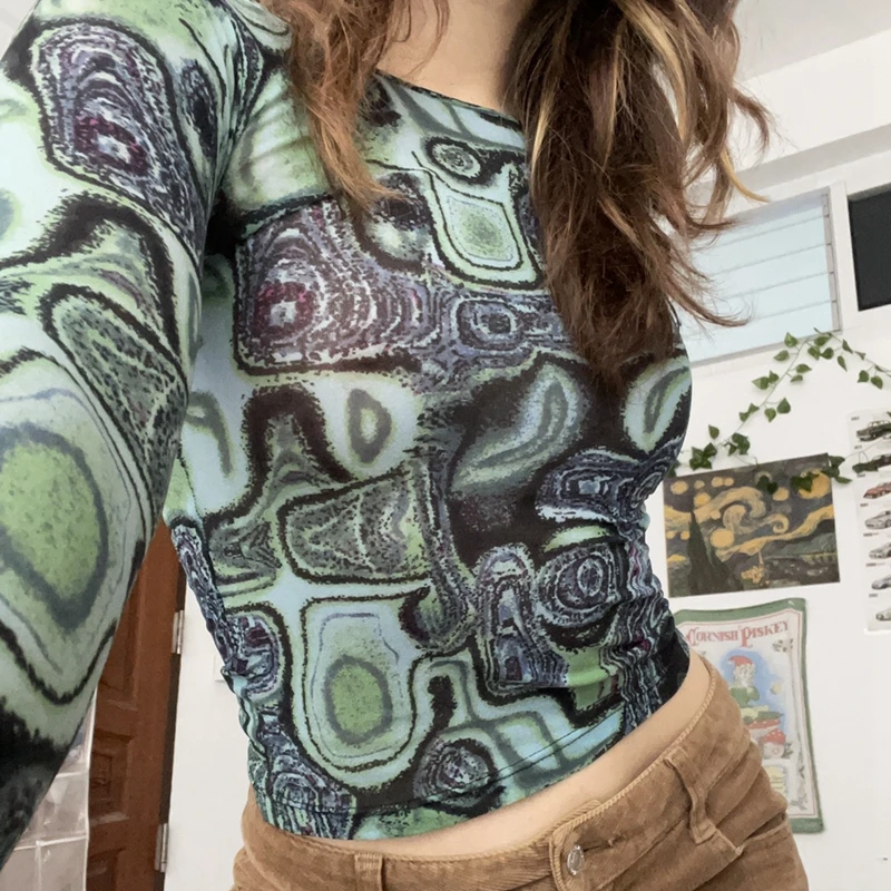 

Y2K Aesthetic Summer Tee Streetwear Gothic Print Mesh T-shirt Women Long Sleeve Slim Fit Cropped Top 90s Vintage Punk Grunge Tee