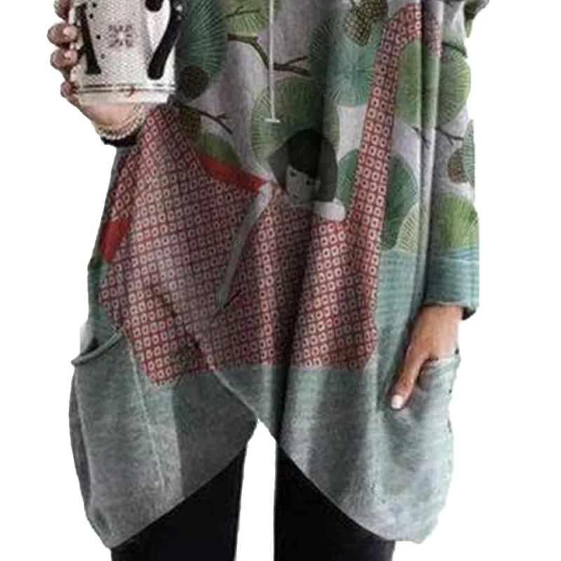 

Autumn Women Long T-shirt Casual V Neck Long Sleeve Pocket Girl And Tree Print Loose Tees Nice Pop Ladies Irregular Pullover Top