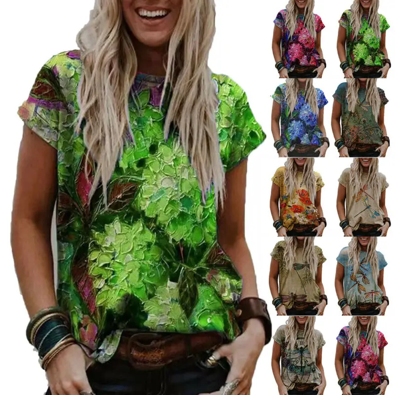 

Women Floral Animal Printed Short Sleeve Crew Neck T-shirt Summer Casual Top Tee