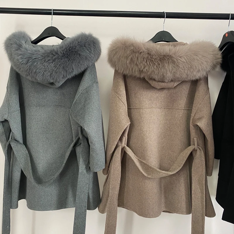 Женское шерстяное пальто ручной работы с воротником из лисьего меха | Женская