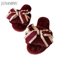 bow ladies fluffy slippers women indoor short plush slides flat shoe for woman slippers new fashion faux fur fabric house shoes