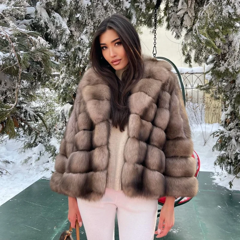 Sable Color Natural Fox Fur Coat Women Luxury Winter Thicken Warm Outertwear Lapel Strip Sewed Genuine Real Fur Jacket Female