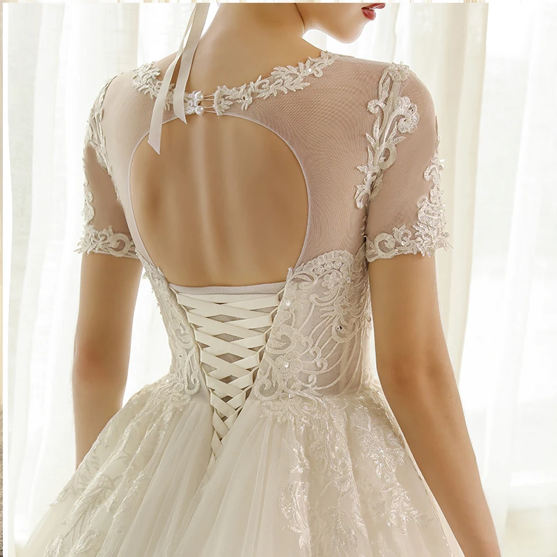 

SL6816 real picture ball gown wedding dress plus size robe de mariee bridal dresses short sleeves appliques wedding ball gown