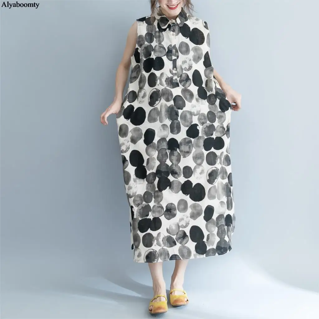 Размера плюс Летняя женская миди Открытое платье без рукавов из хлопка и льна с