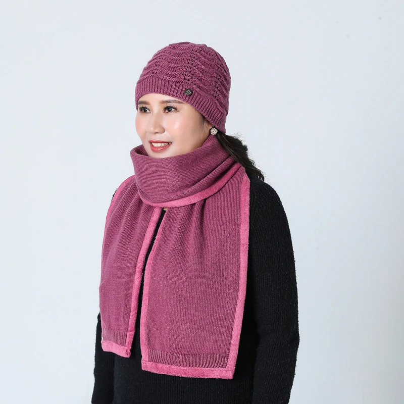 

New Winter Women Wool Mixed Scarf Set Warm Knitted Plush Scarves Two-piece Suit Crochet Bonnet Mom Cap Gifts Fleece Shawl