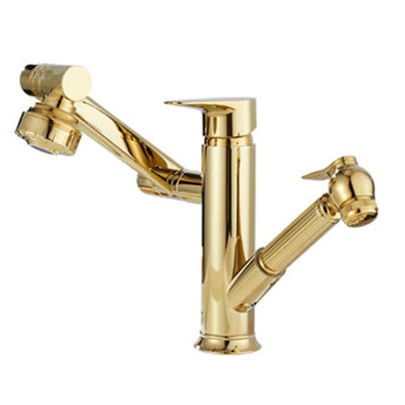 

Basin Sink Faucet Golden Brass Hot and Cold Bathroom Faucet Black Mixer Tap Deck Mounted Pull out 360 Rotation Tap Mixer Taps