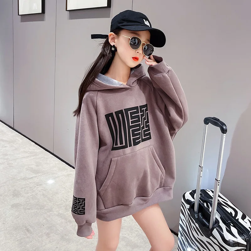 

Loose plus fleece girls' hooded sweater for fall/winter 2021 new style Western style hoodie solid color