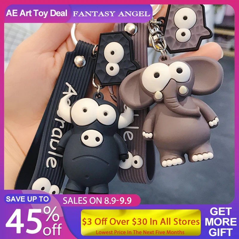 

2021 New Ugly Cute Big Eye Bull Keychains For Women Cute Elephant Key Chain Silicone Cartoon Animal Key Ring Bag Pendant Kawaii