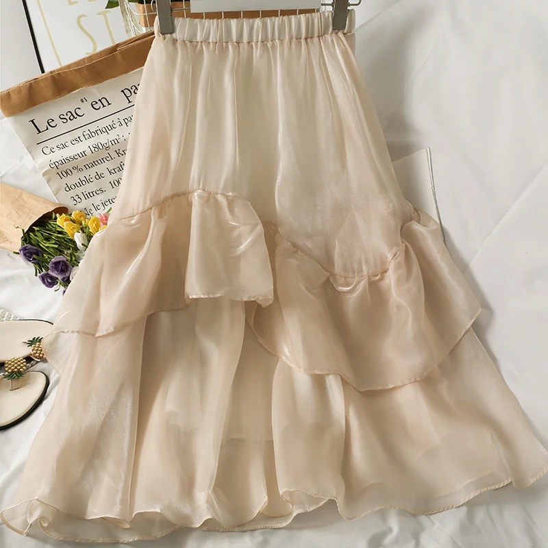 

Ruffle stitching elastic waist was thin mid-length gauze skirt female summer 2021 gloss sense Western style all-match skirt