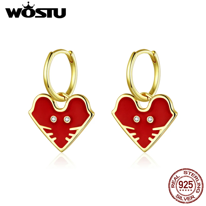 WOSTU Genuine 925 Sterling Silver Lucky Mouse Rat Hoop Earrings Red Enamel Heart Gold New Years Jewelry Gift FIE836 | Украшения и
