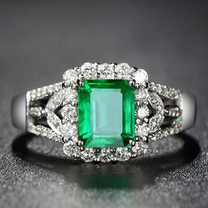 

New 925 Silver Inlaid Zircon Rectangle Emerald Gemstone Resizable Ring Luxury Live Mouth Ring Jewelry For women Christmas Gift