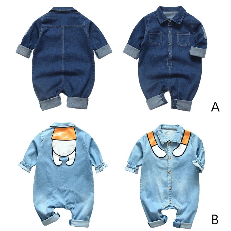 

Baby Newborn Girls Solid Print Jumpsuit Long Sleeve Infant Boys Casual Denim Romper Bodysuit Outfits Baby Solid Print Rompers