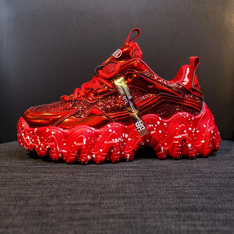 Кроссовки женские на массивной подошве модная обувь роскошные удобные блестящие