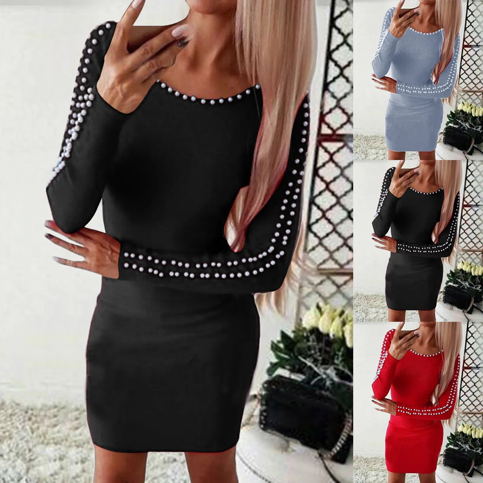 

Women Fashion Sexy Dresses Beaded Slim Dress With Hip Skirt Long Sleeve Mini Elegant Evening Party Slim Wrap Dress Vestidos