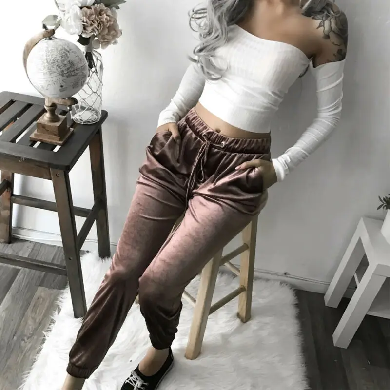

Newly Women Joggers Casual Loose Side Long Pants Sweatpants Solid Color Trousers Female Drawstring Pants Streetwears High Waist