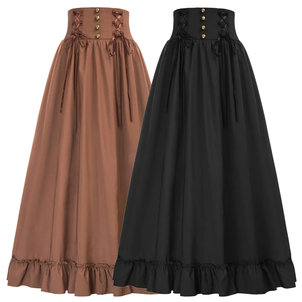 

Steampunk Skirts Women Renaissance Skirt Smocked Back High Waist Slim Retro Ruffled Hem Flared A-Line Swing Skater Long Skirt