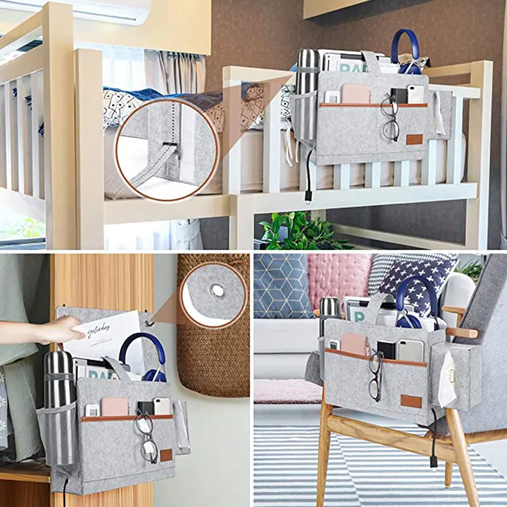 

Bedside Storage Bag Felt Hanging Organizer Bag Anti-Slip Dorm Bed Bedside Caddy For Magazines Books Pad Phone Chargers In Home