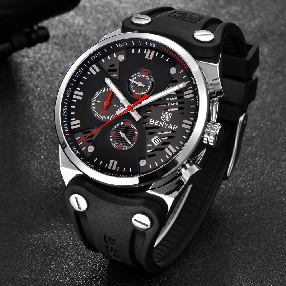 BENYAR 2018 New Skeleton Calendar Men's Watches Chronograph Real Three Dial Waterproof 30M Outdoor Hollow Sports Watch white red enlarge